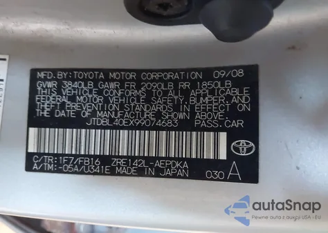 2009 Toyota Corolla Le z USA, uszkodzony, nr VIN JTDBL40EX99074683